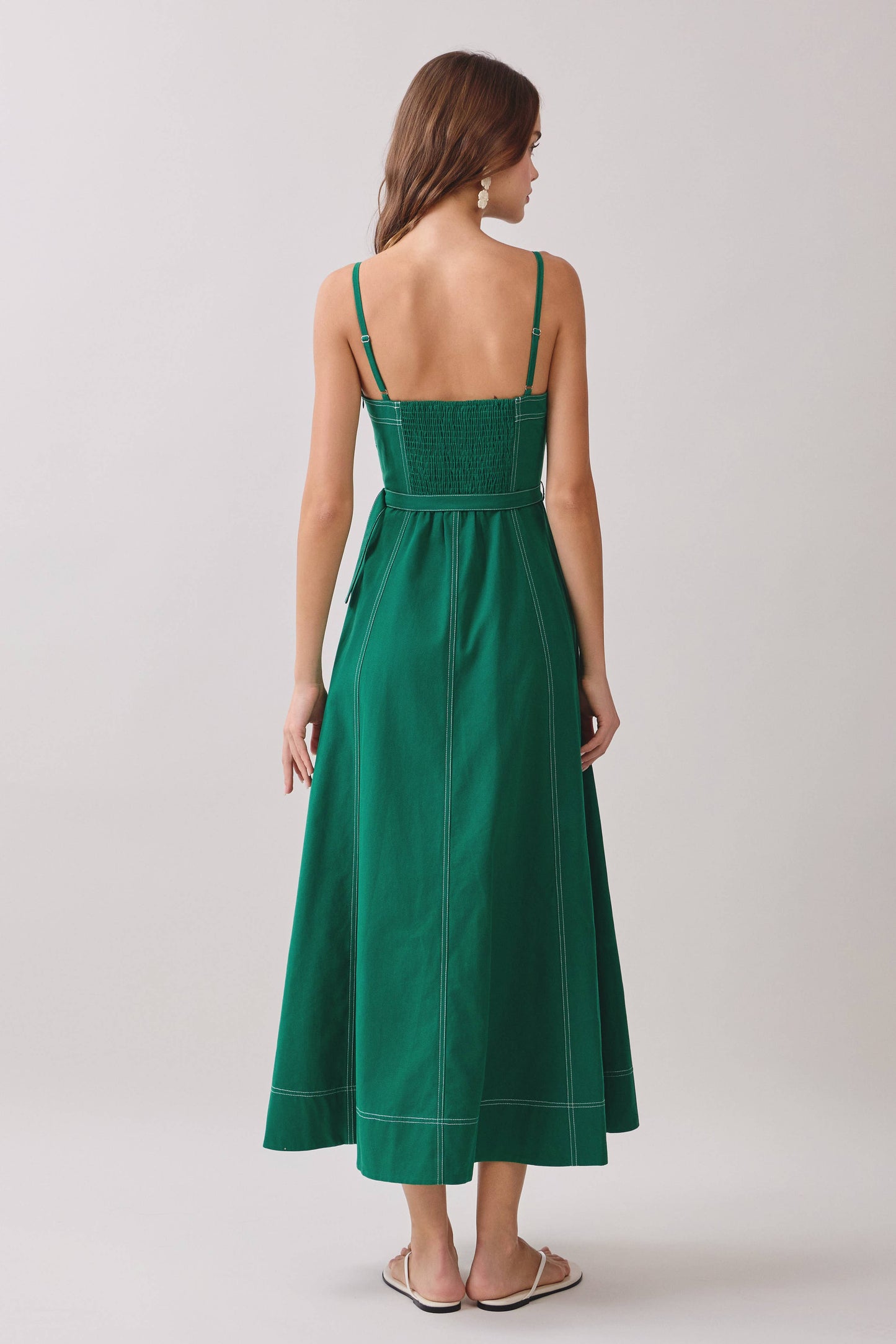 Contrast Topstitching Curved Neckline Midi Dress