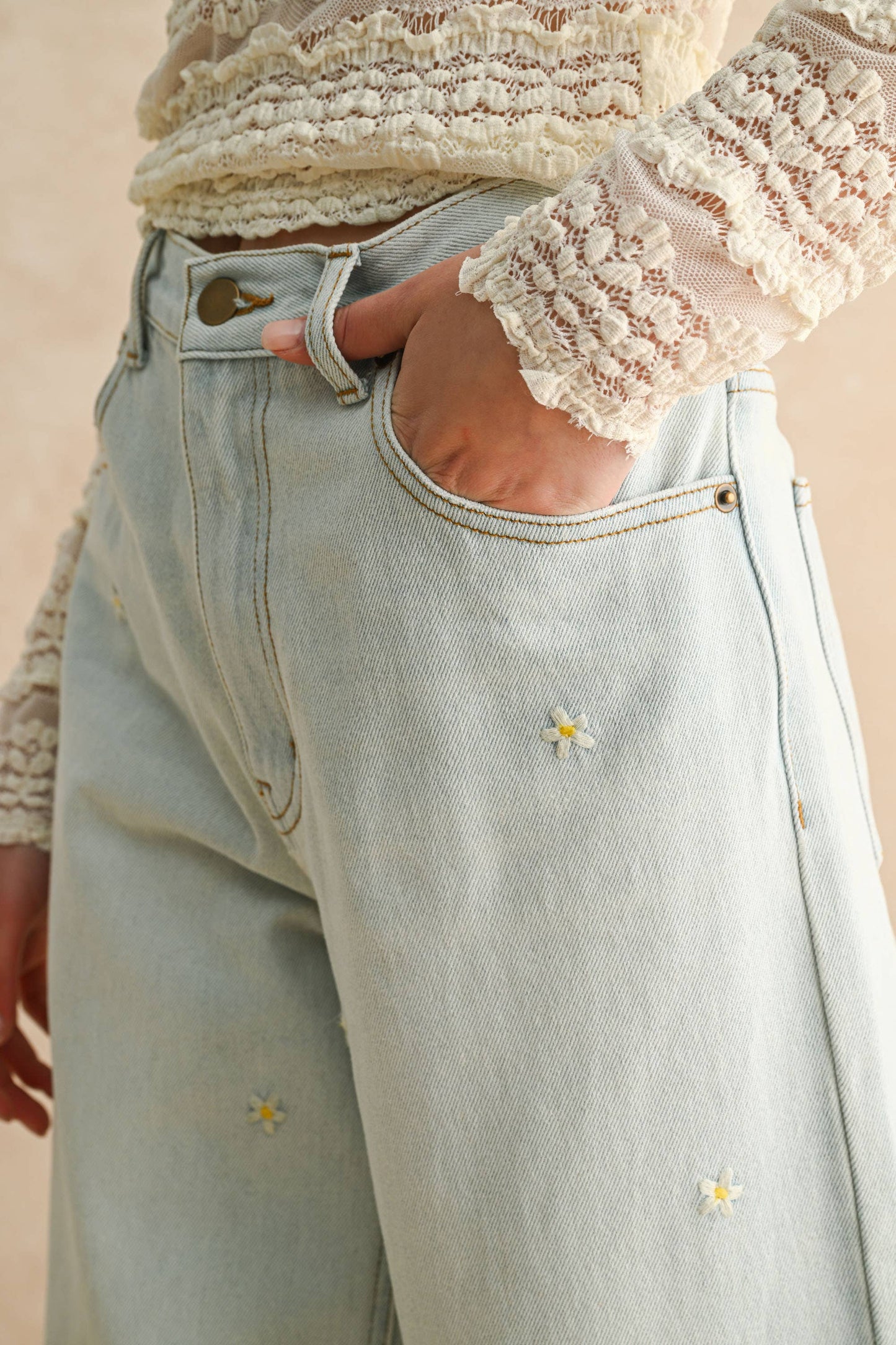 Flower Embroidered Denim Pants