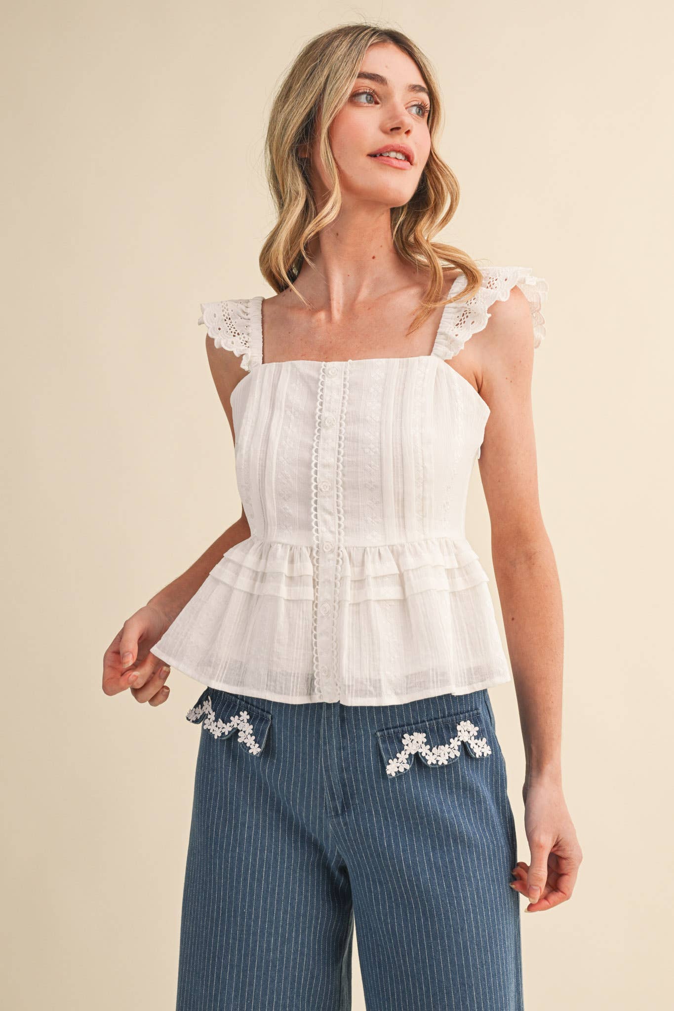 Eyelet Flutter Sleeve Peplum Top