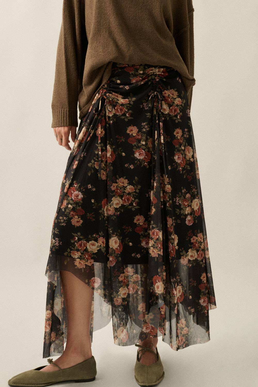 Floral Mesh Drawstring Maxi Skirt