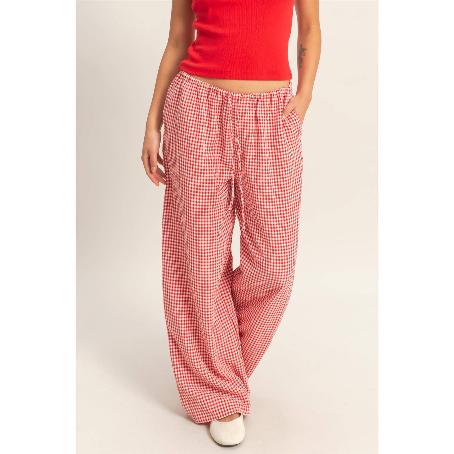 Gingham Drawstring Wide-Leg Pants