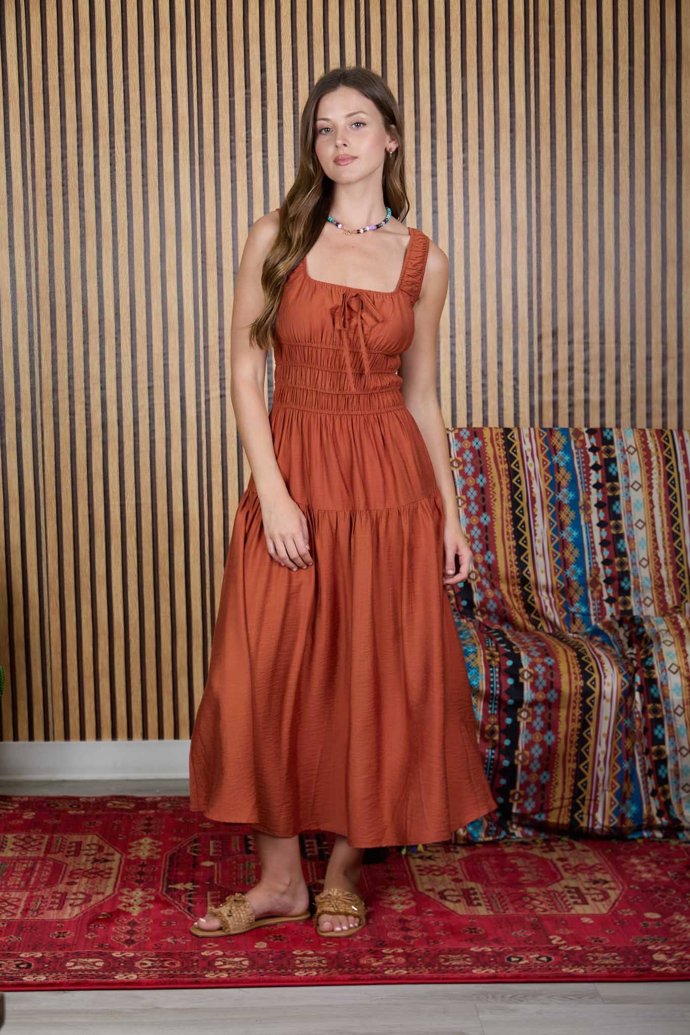 Front Tie Shirred Waist Midi Dress
