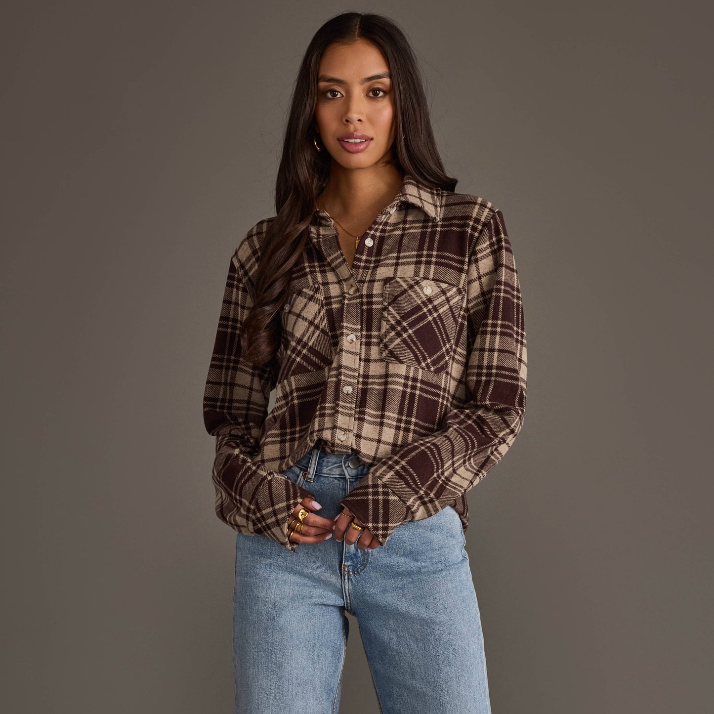 Chocolate Brown & Tan Plaid Button Up
