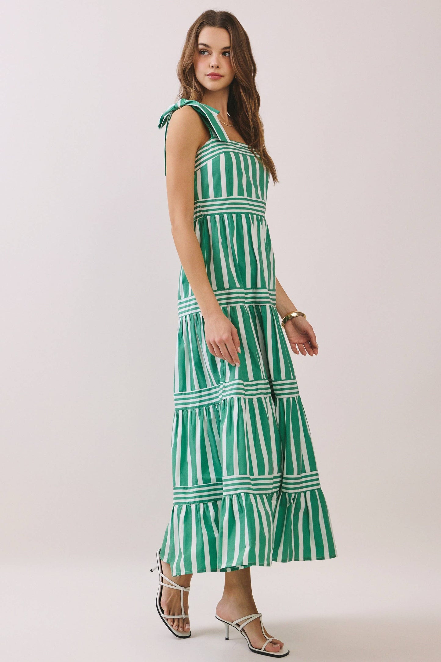 Striped Adjustable Tie Shoulder Straps Maxi Dress