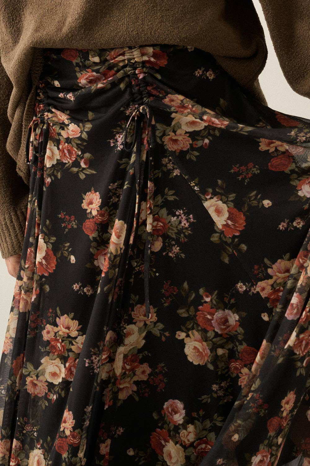 Floral Mesh Drawstring Maxi Skirt