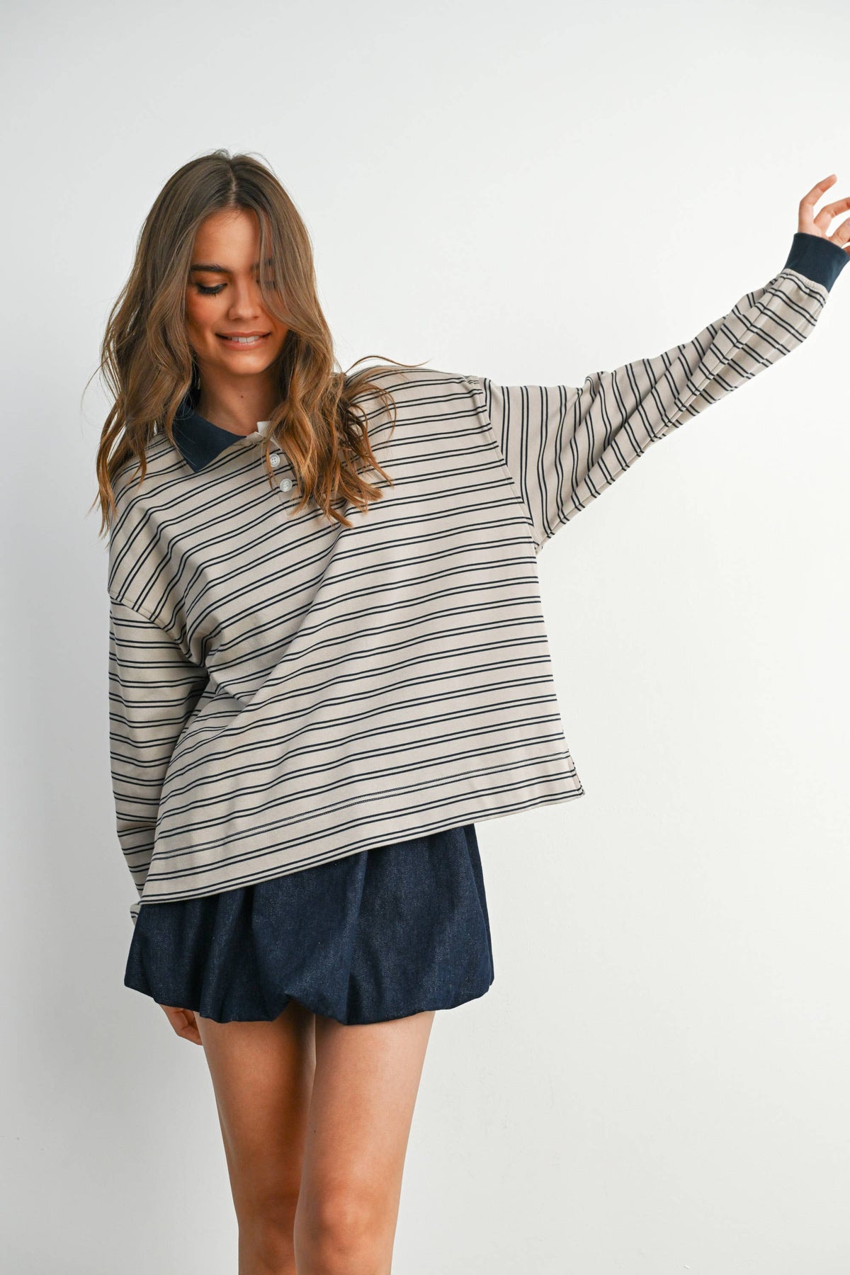 Quarter-Button Striped Collared Long Sleeve Top