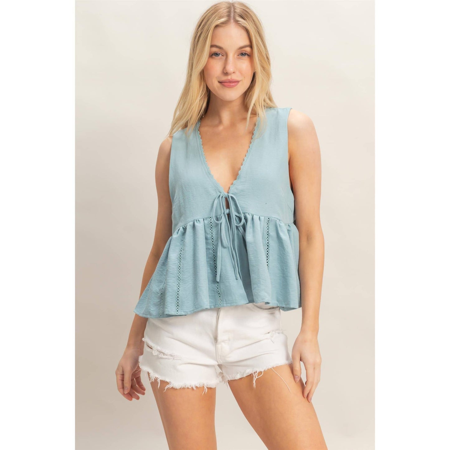 Lace Trim Tie Front Top