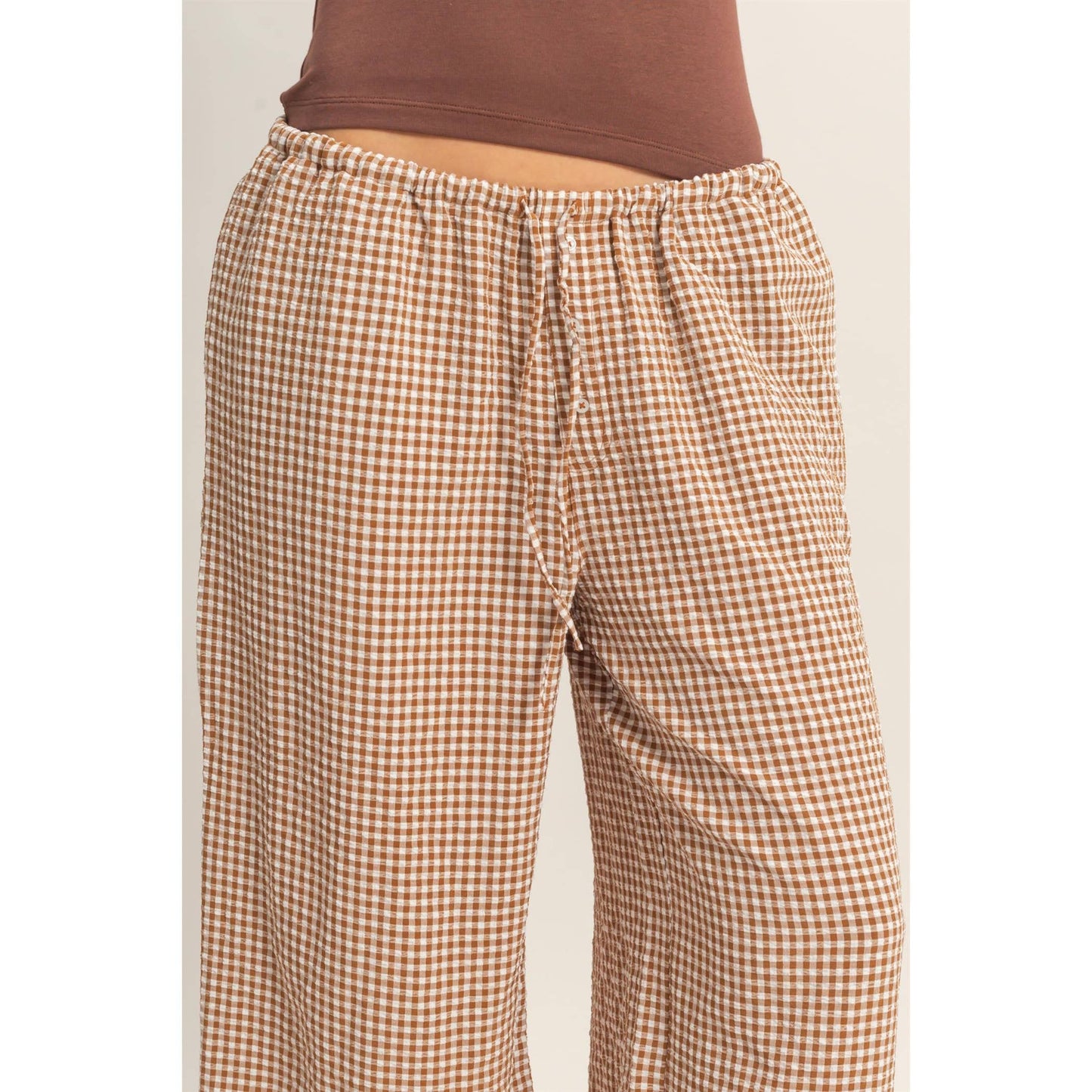 Gingham Drawstring Wide-Leg Pants