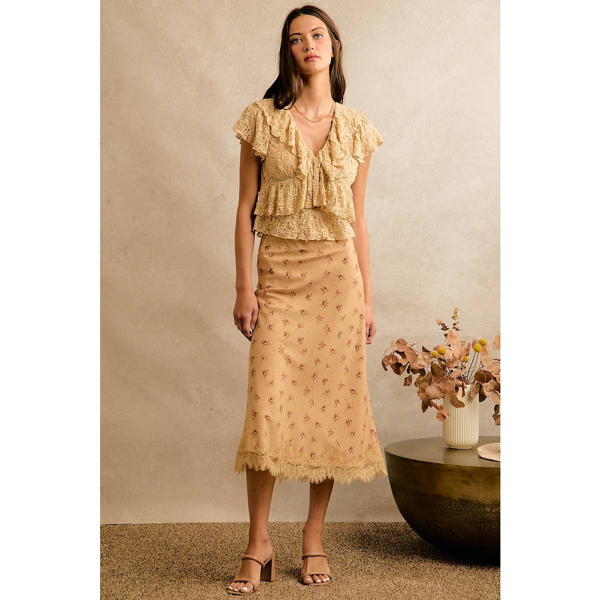 Satin Floral Print Lace Trim Midi Skirt