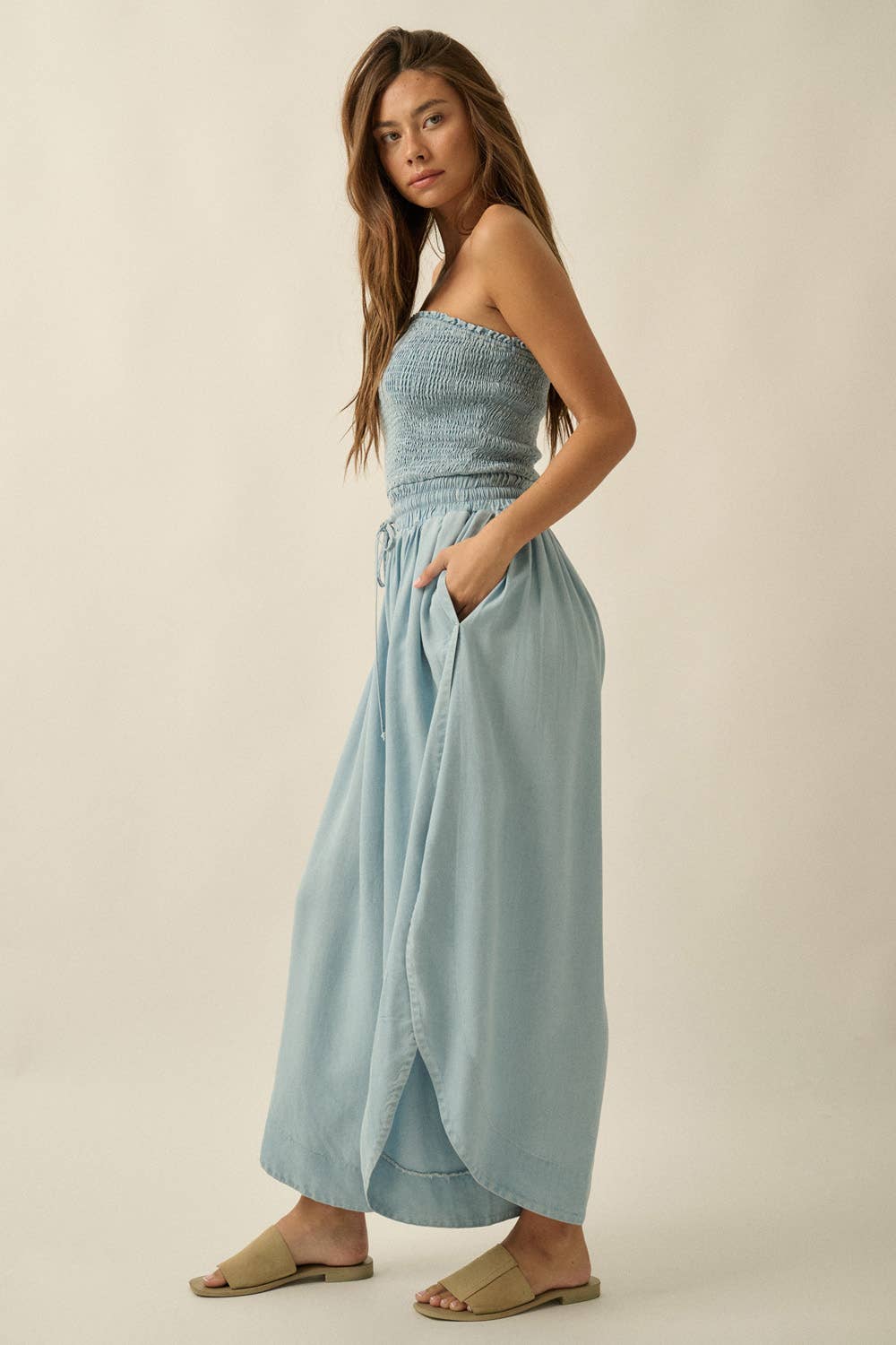 Tencel Denim Strapless Tulip-Leg Jumpsuit