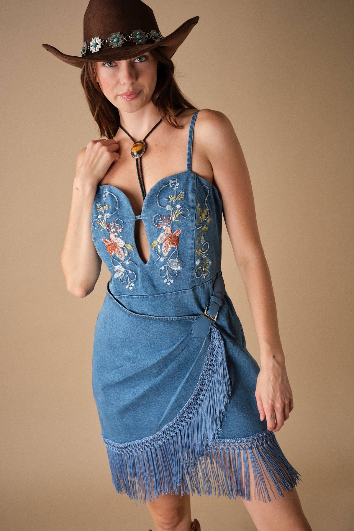 Floral Fringe Denim Dress