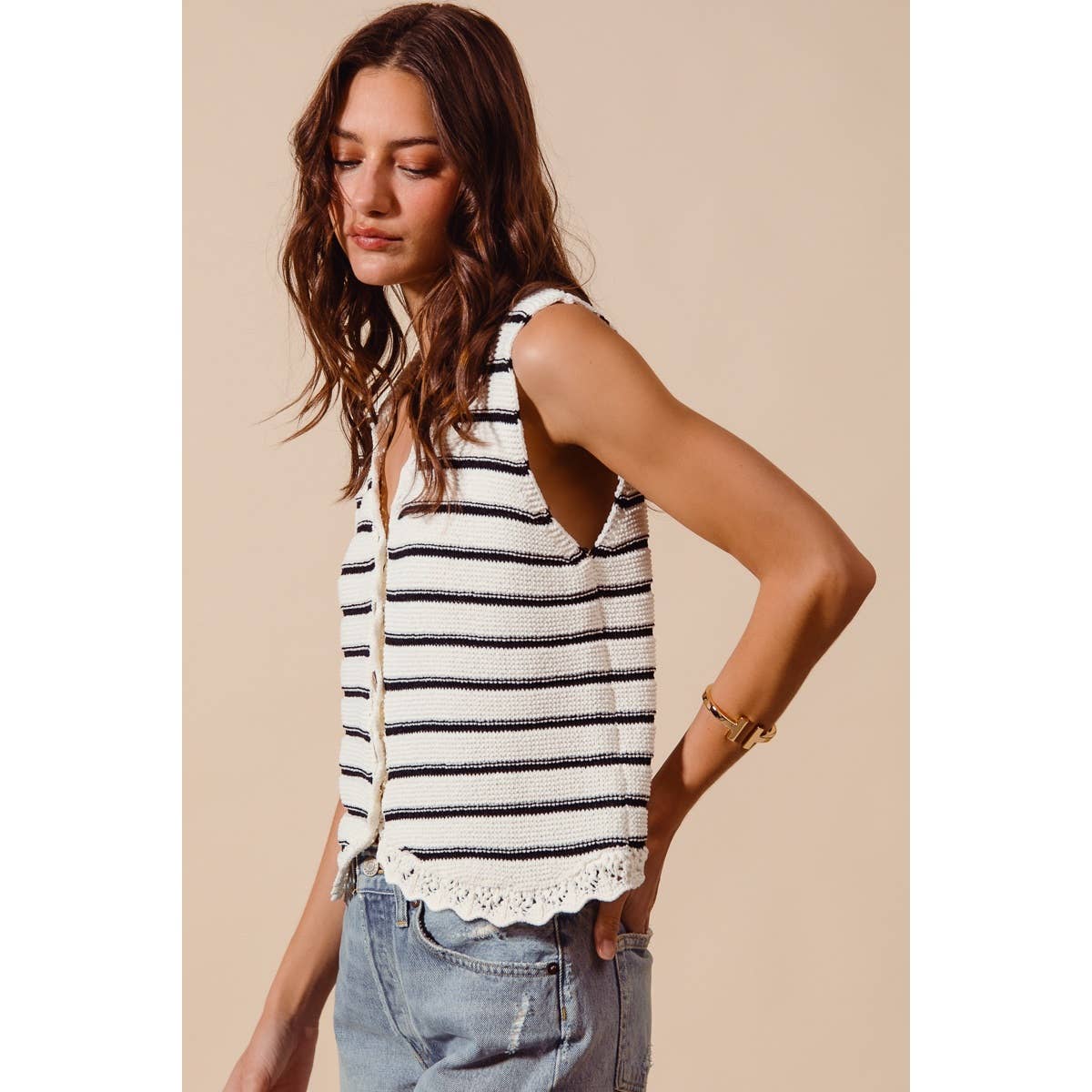 Buttoned Stripe Texture Knitted Sweater Vest Top