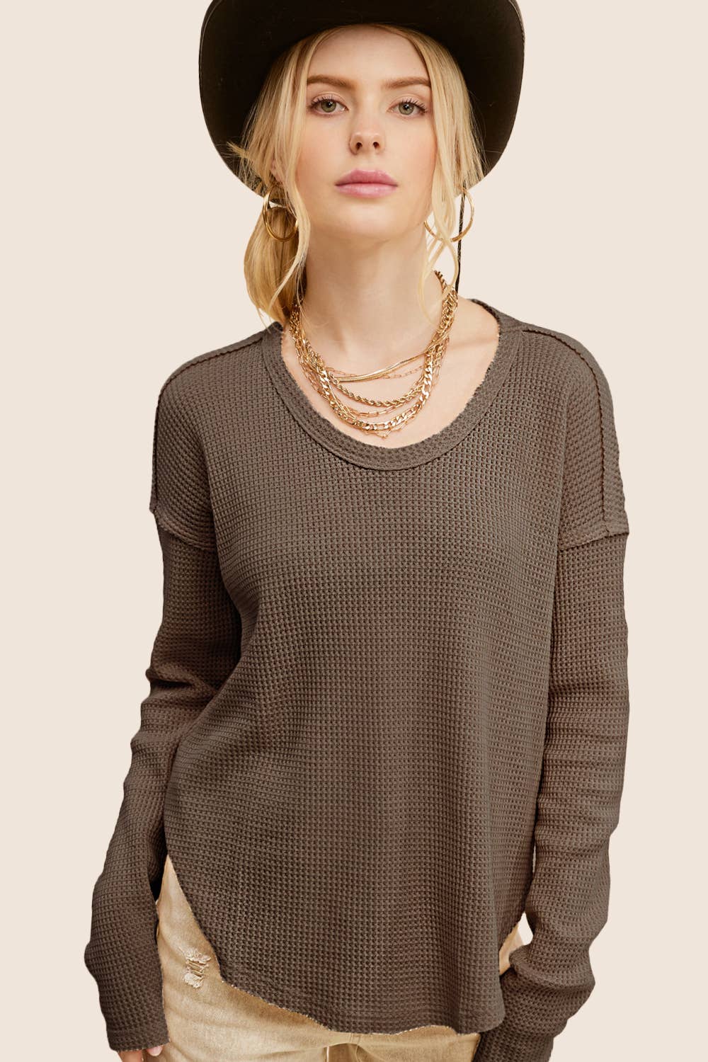 Waffle Textured Long Sleeve Top