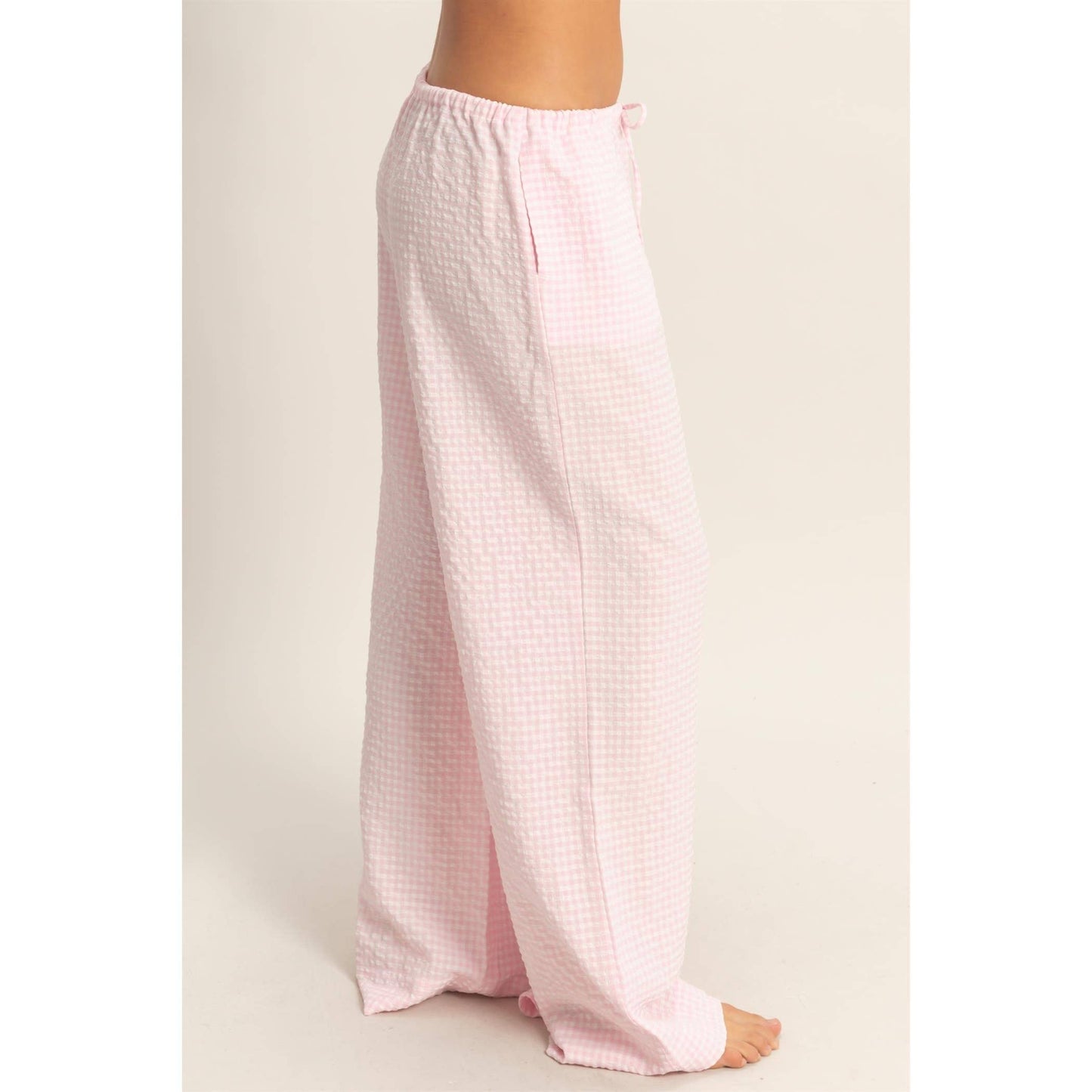Gingham Drawstring Wide-Leg Pants