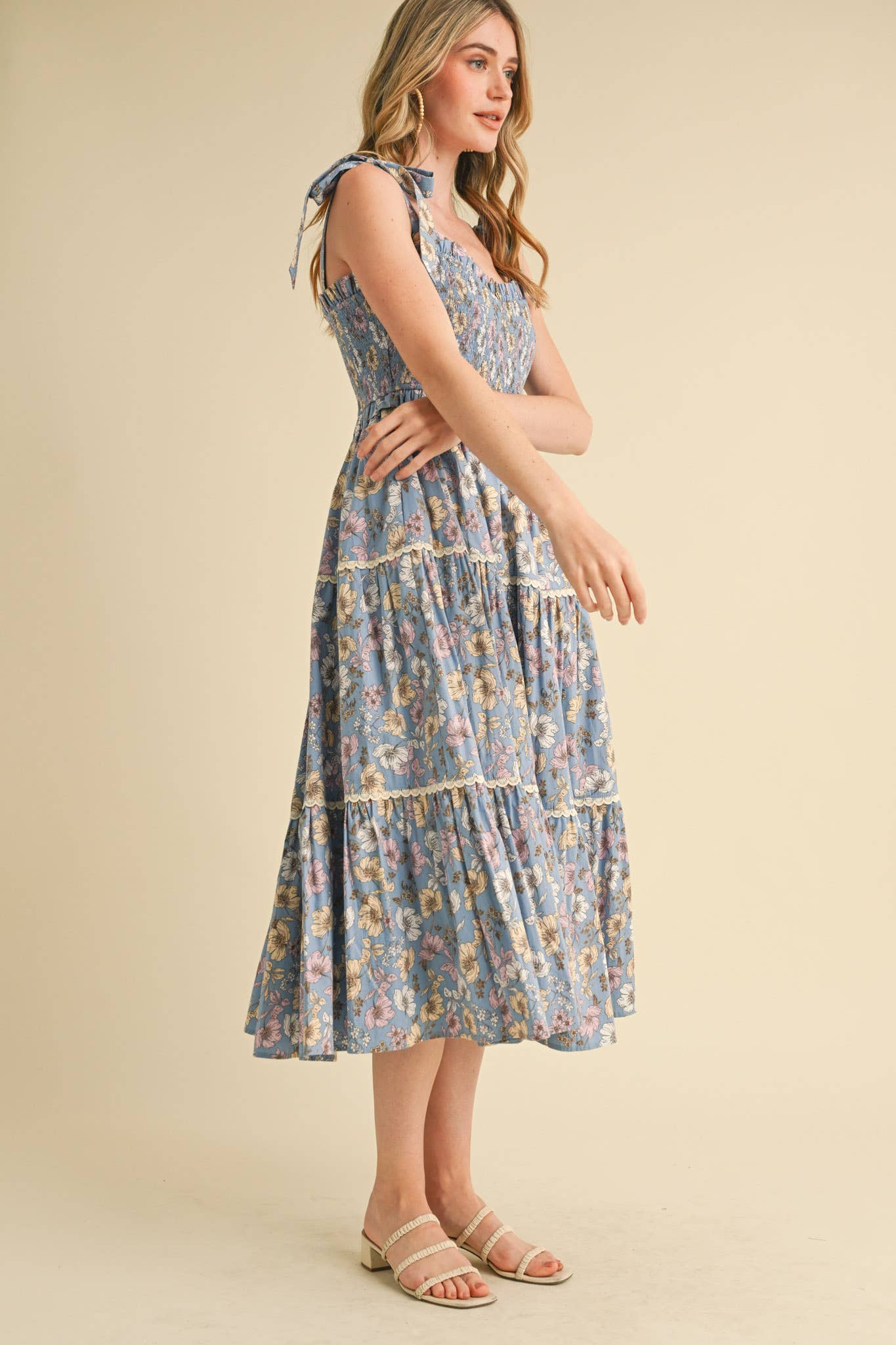 Floral Ruffled Lace Trim Midi Dress