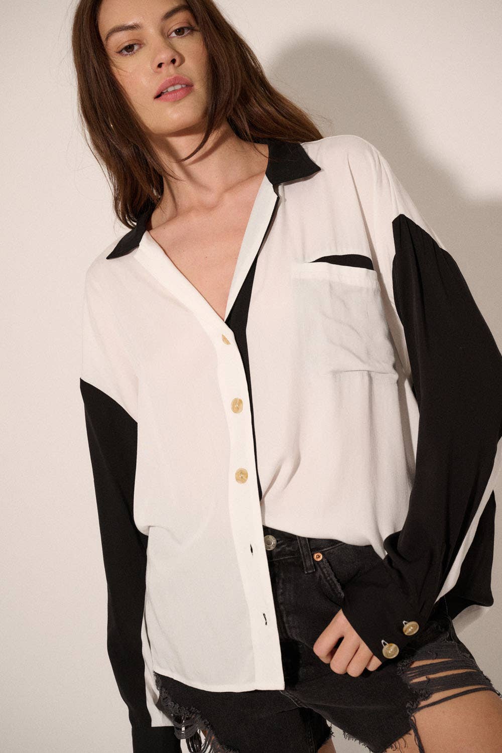 Color Block Collar Neck Long Sleeve Woven Shirt