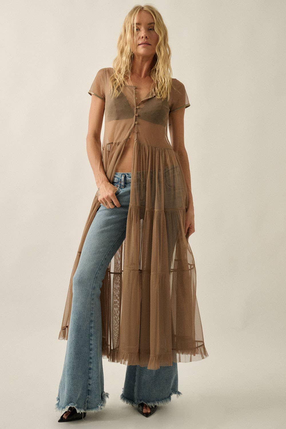Mesh Short-Sleeve Button-Front Maxi Top