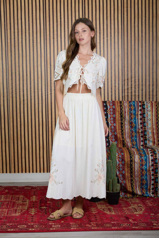 Floral Embroidery Detail Linen Midi Skirt