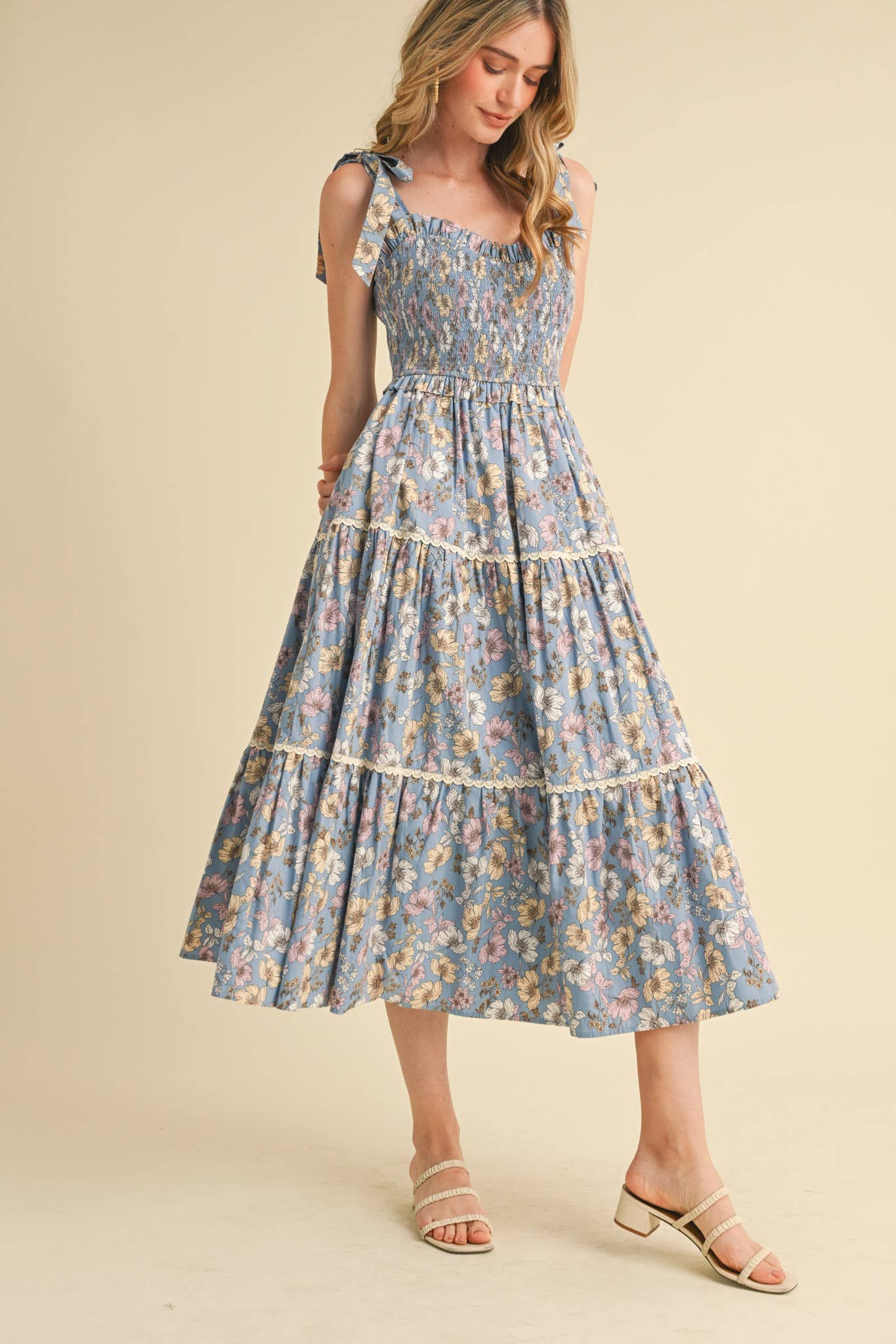 Floral Ruffled Lace Trim Midi Dress