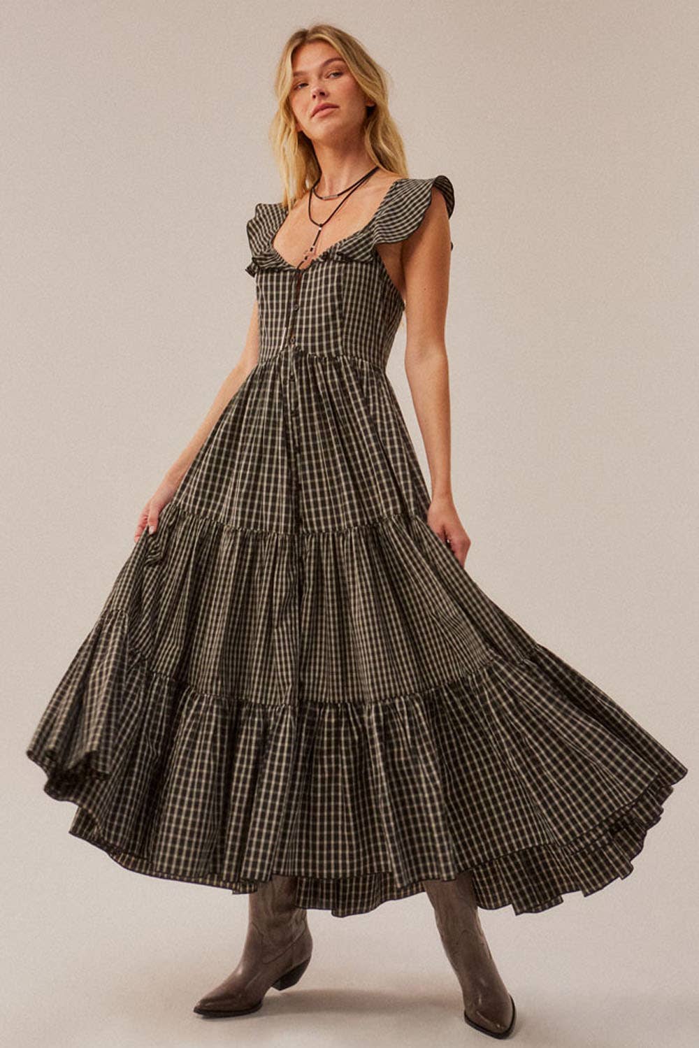 Plaid Button-Front Sweetheart Tiered Ruffle Midi Dress