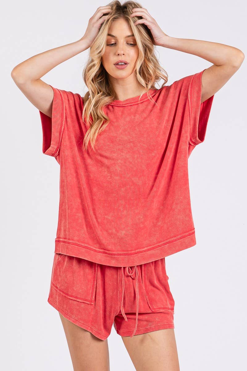 Red Mineral Washed Shorts Set