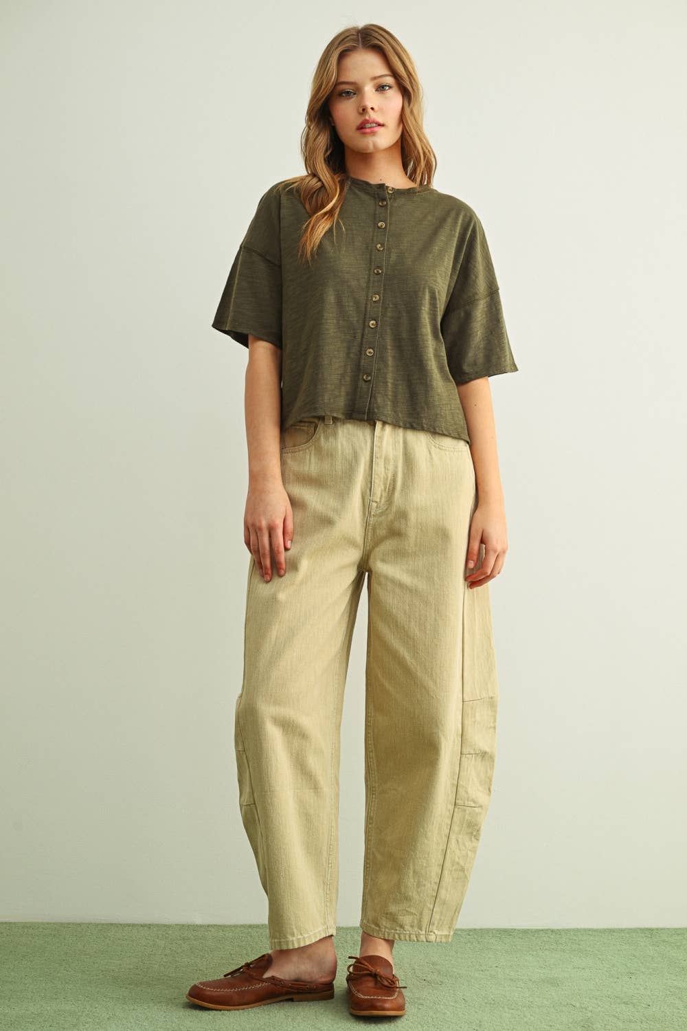 Button Down Round Neck Half Sleeve Top