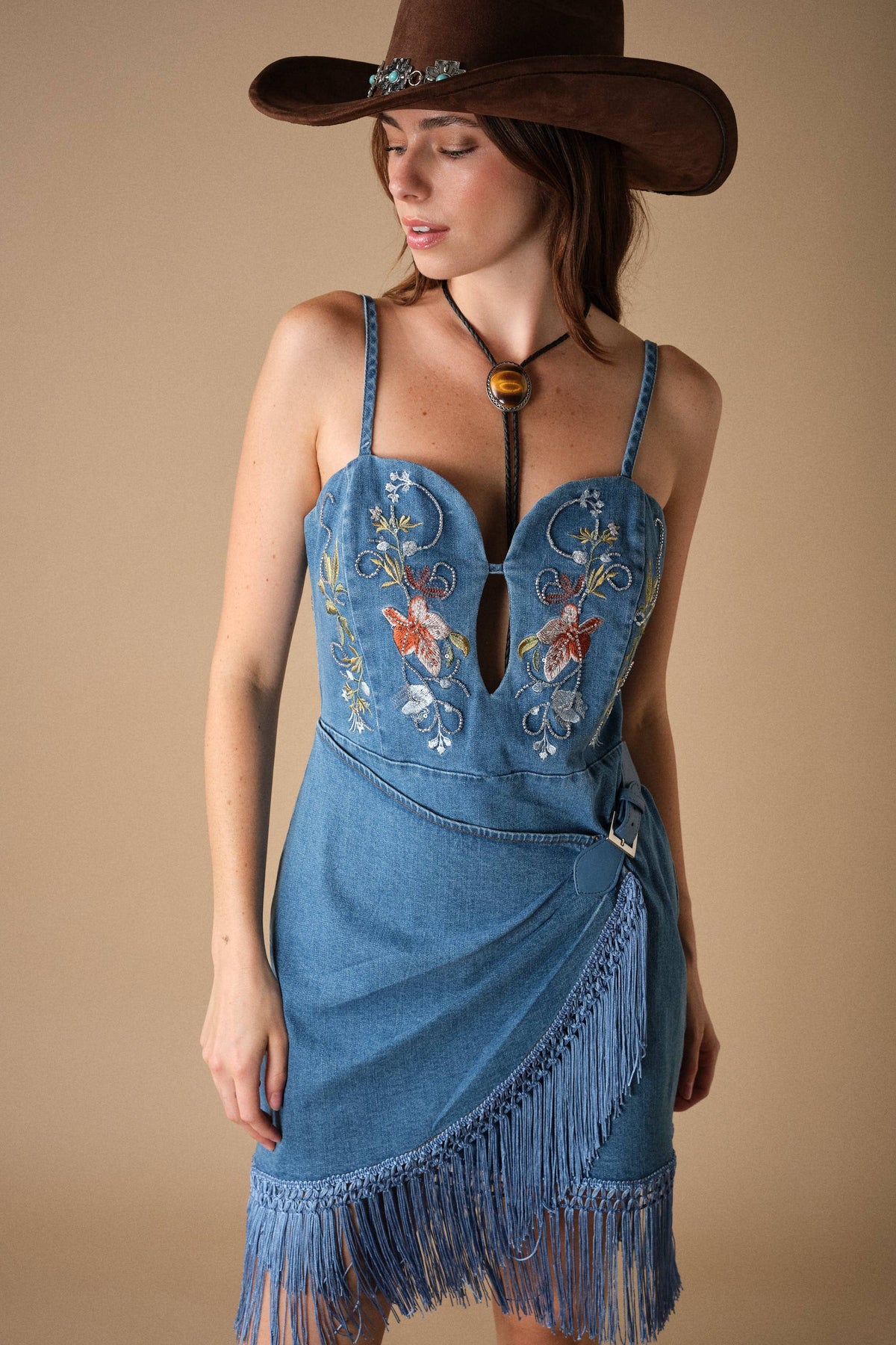 Floral Fringe Denim Dress