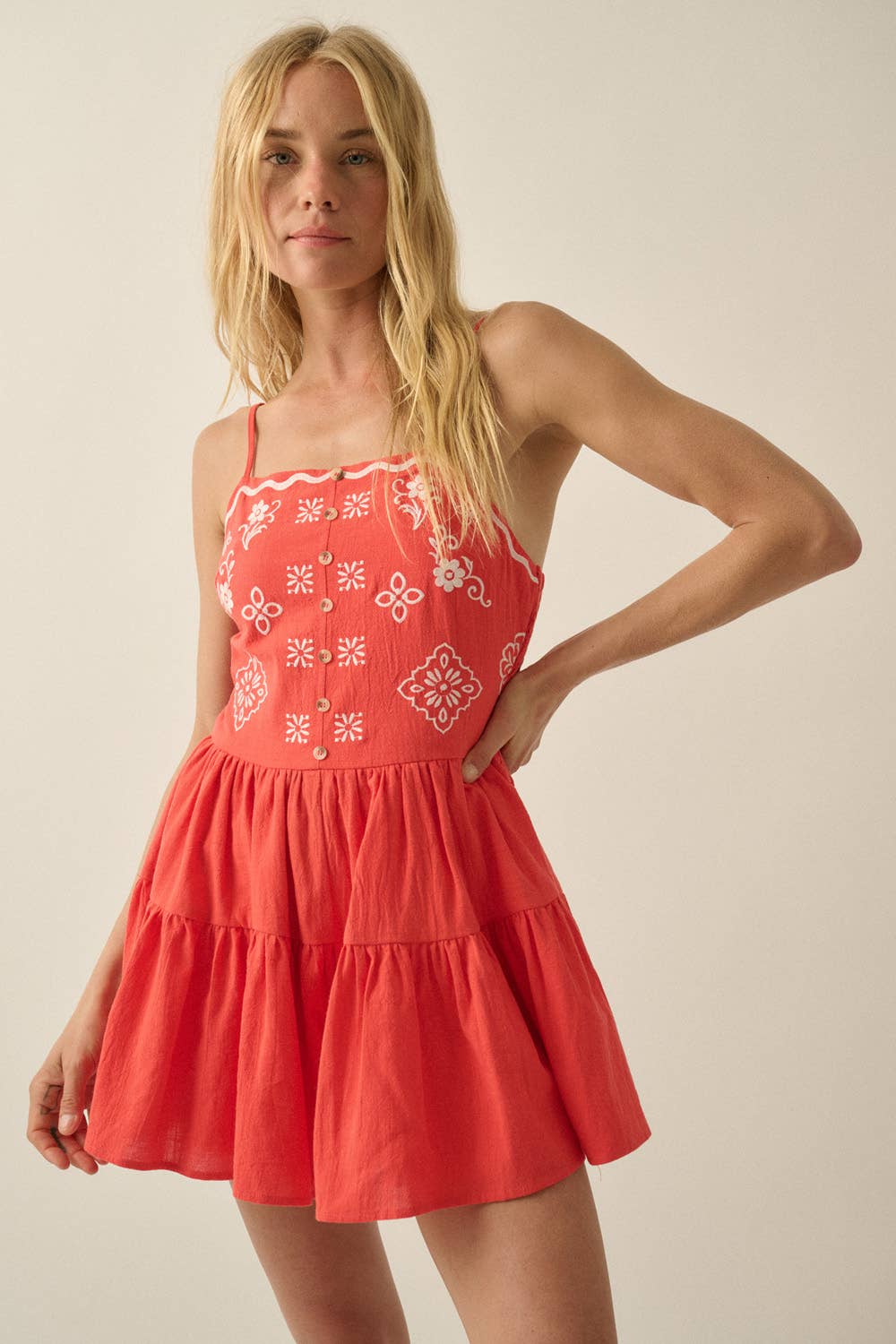 Floral-Embroidered Cotton Tiered Romper