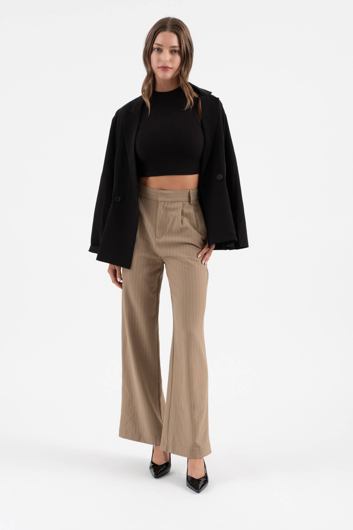 PINSTRIPE FLARE LEG PLEATED PANTS