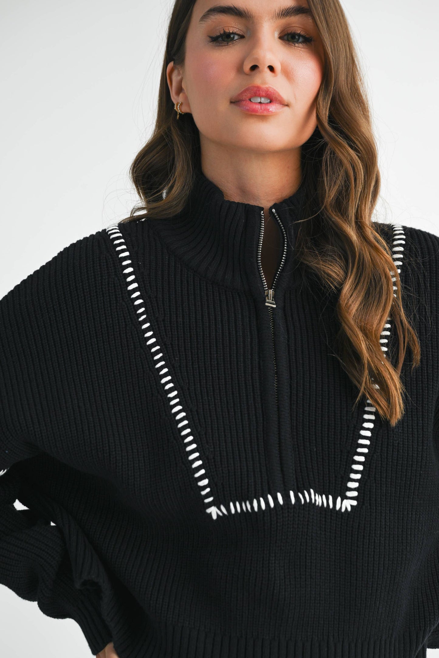 Contrast Stitch Quarter-Zip Sweater