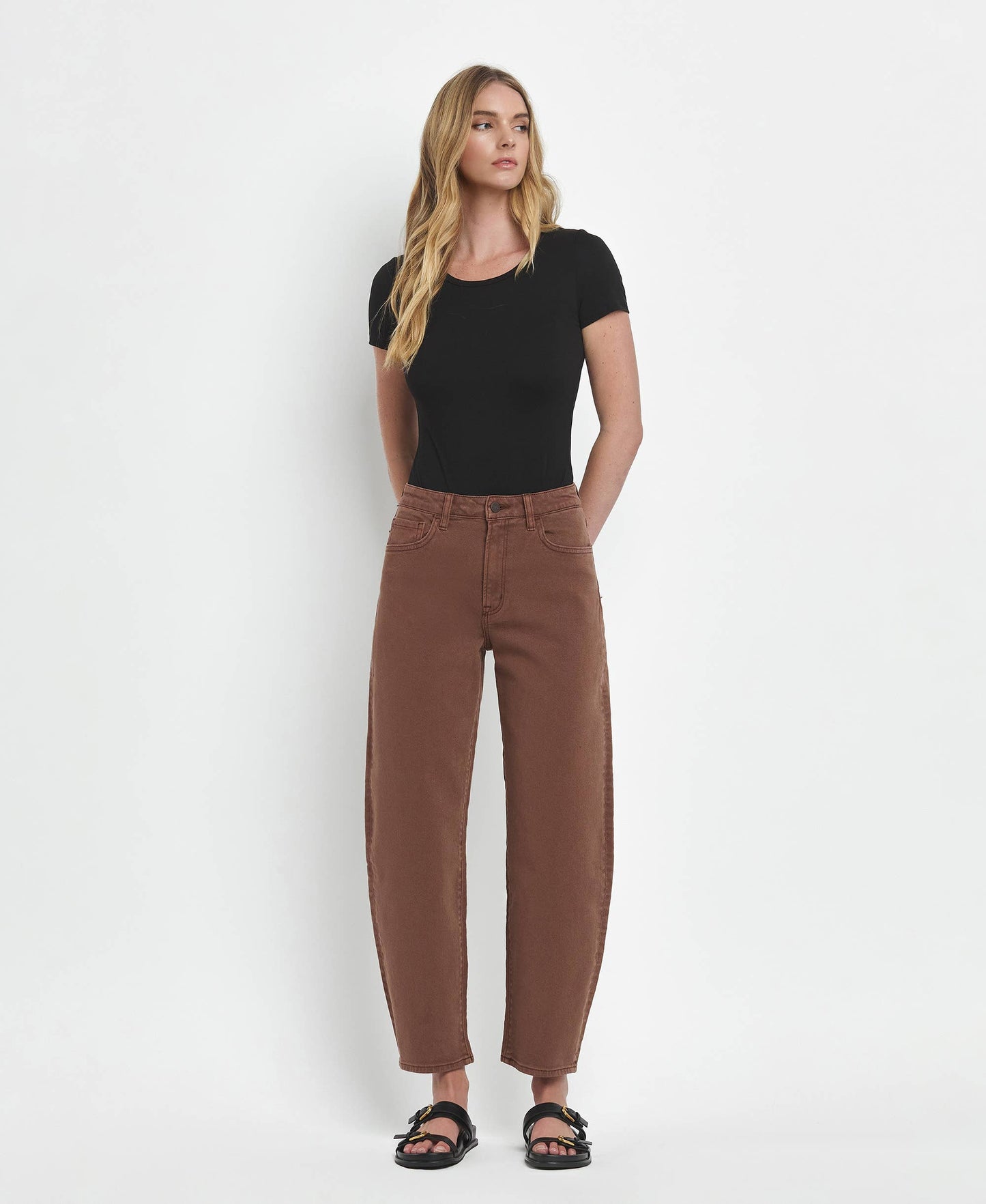 Super High Rise Brown Slim Barrel Jeans