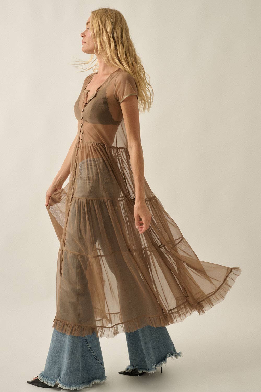 Mesh Short-Sleeve Button-Front Maxi Top