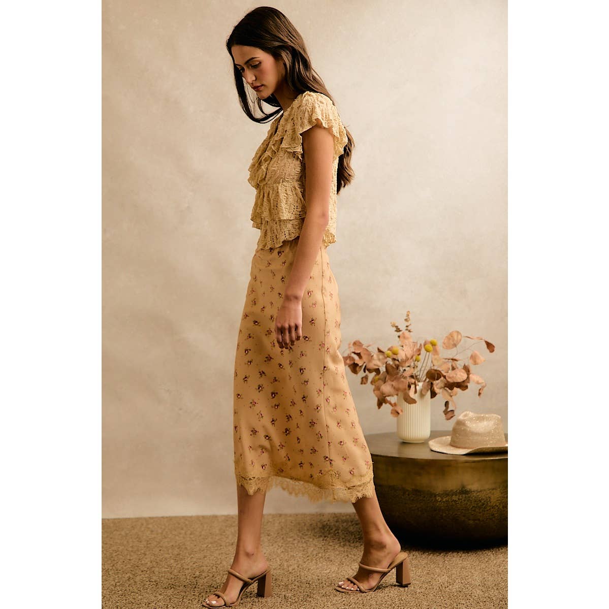 Satin Floral Print Lace Trim Midi Skirt