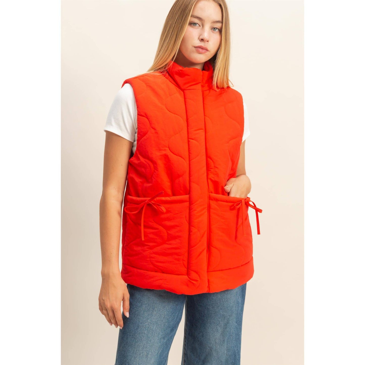Wave Quilted Ribbon Tie Detailed Puffer Vest
