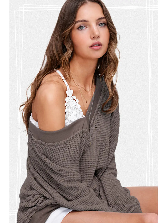 Loose Fit V-Neck Waffle Textured Long Sleeve Top