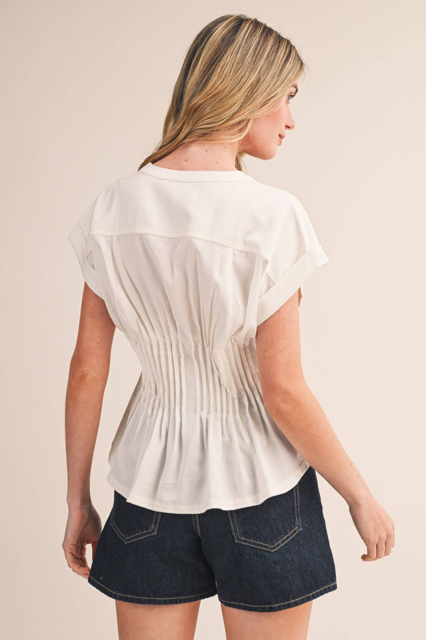 Pin Tuck Waist Button Down Top