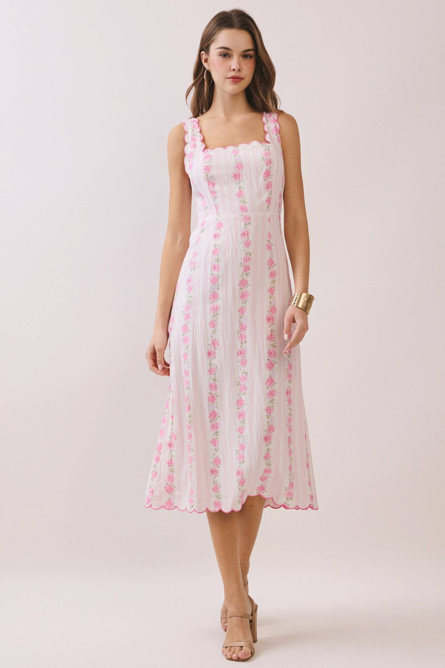 Floral Print Scalloped Detail Back Smocked Dress
