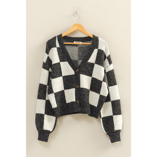 Checkered Button Front Cardigan Sweater