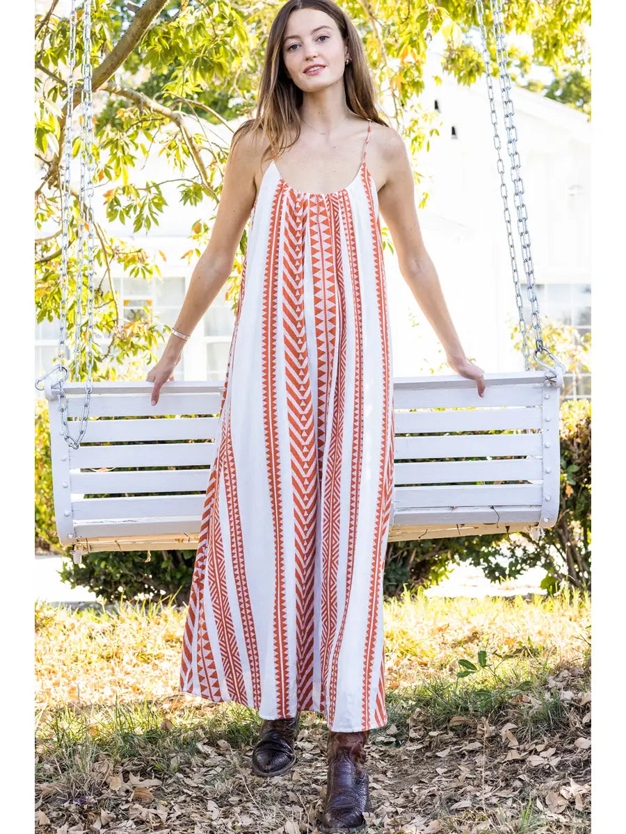 Embroidered Aztec Striped Cami Maxi Dress