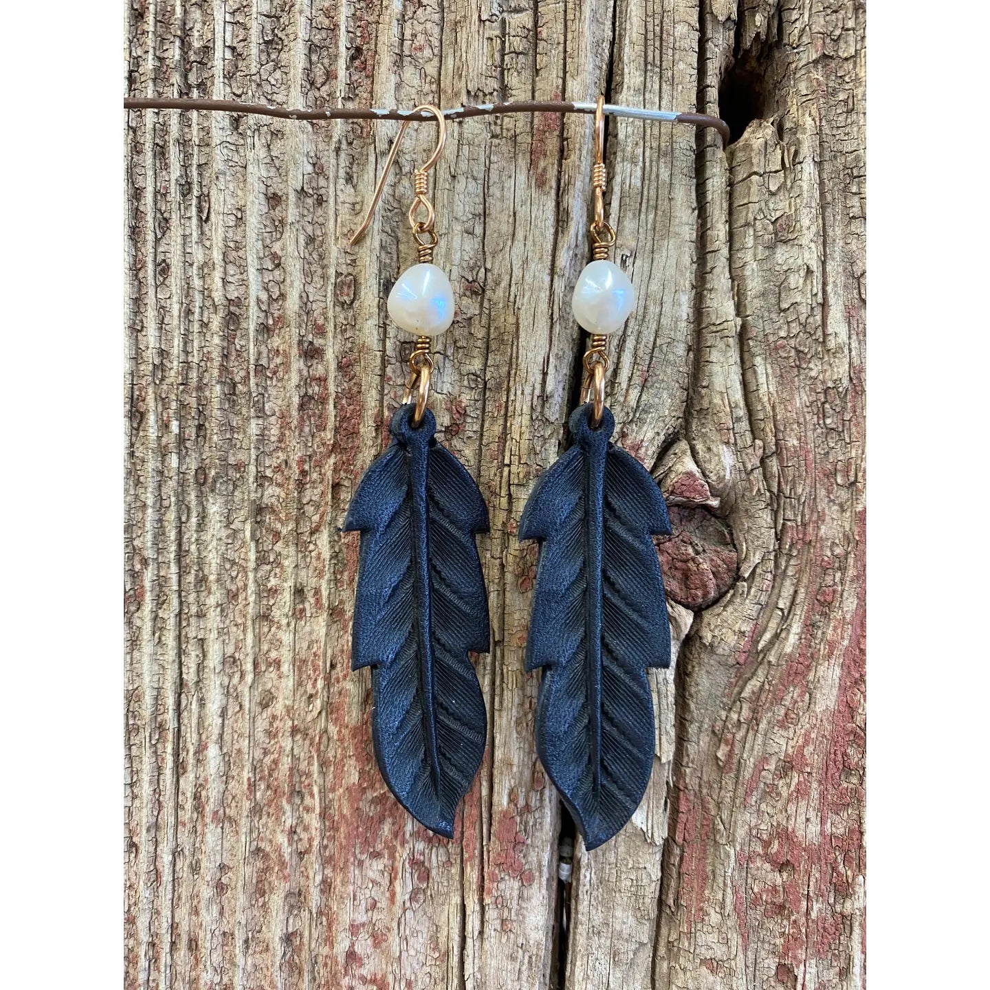 Hand Tooled Leather Earrings With Pearl