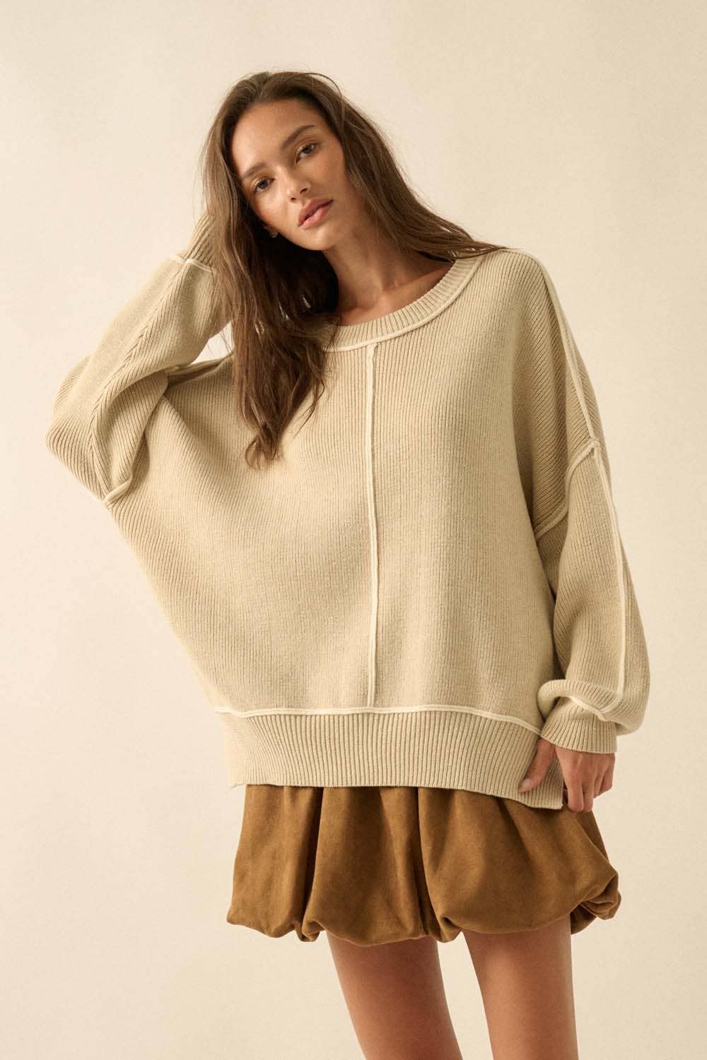 Solid Ribbed Knit Exposed-Seam Oversize Sweater
