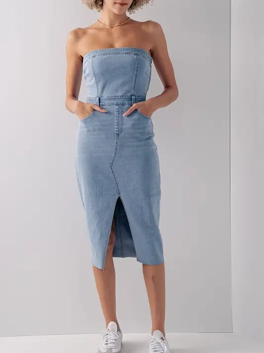 Strapless Denim Midi Dress