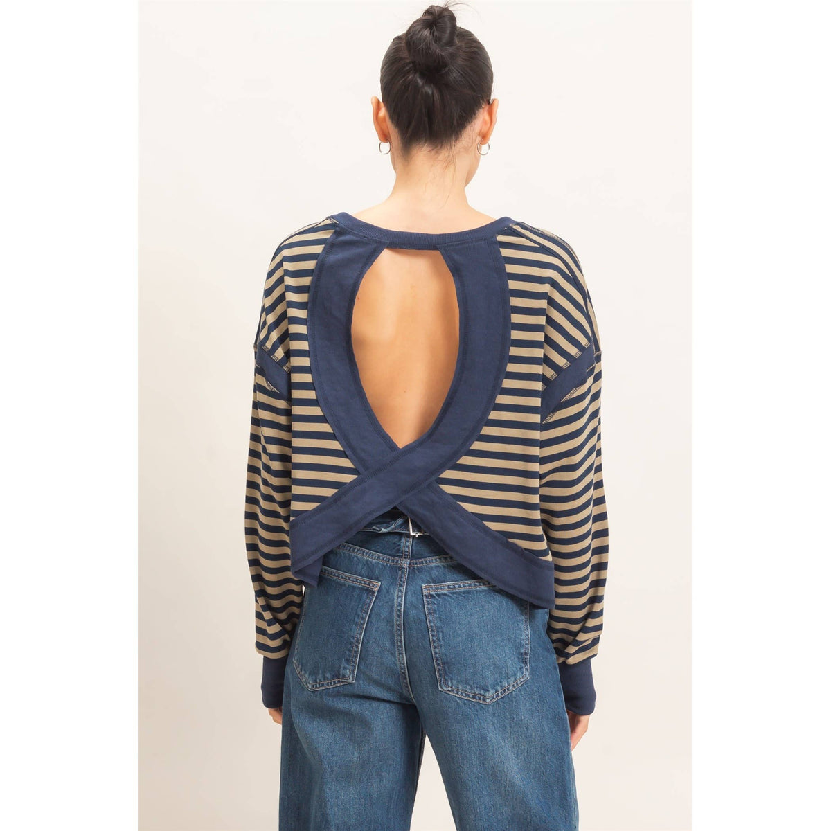 Striped Long Sleeve Open Back Top