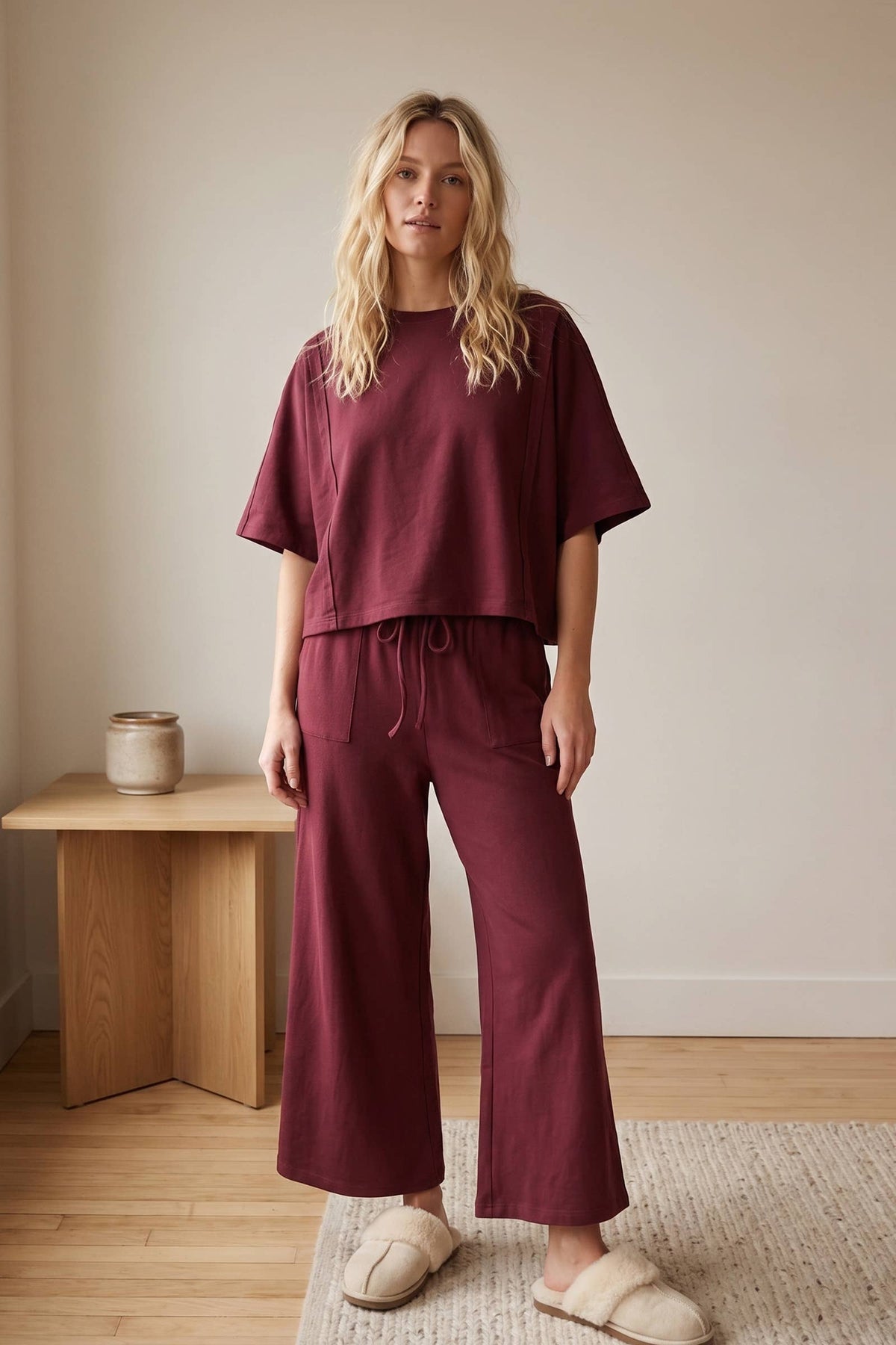 Brushed Stretch Boxy Top & Wide Leg Pant Set