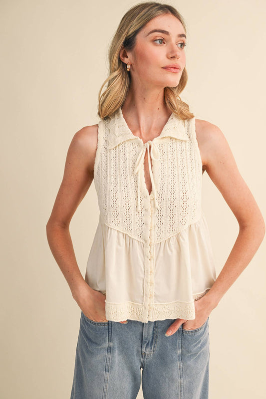 Mixed Media Collared Button Down Sweater Top