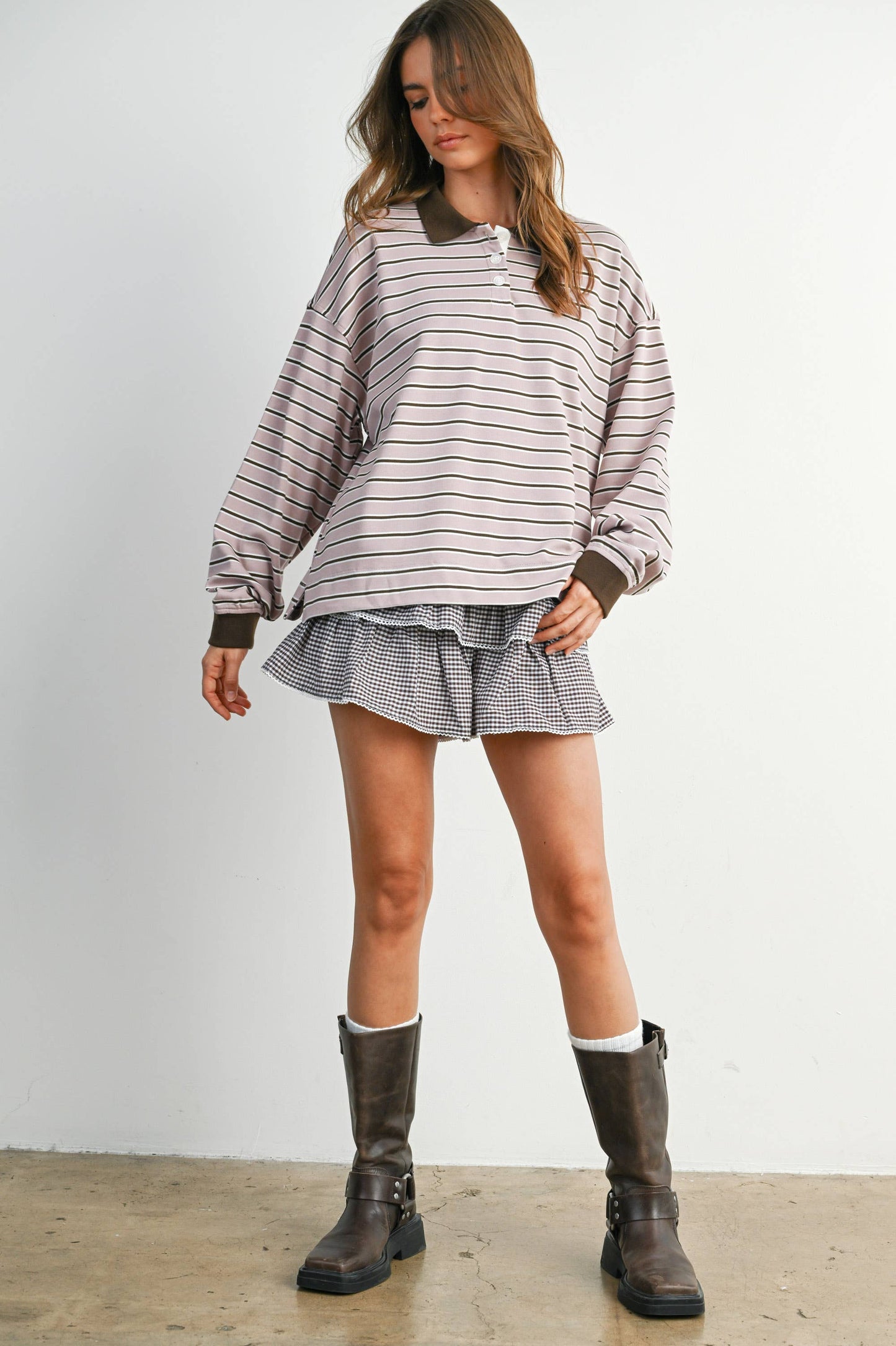 Quarter-Button Striped Collared Long Sleeve Top