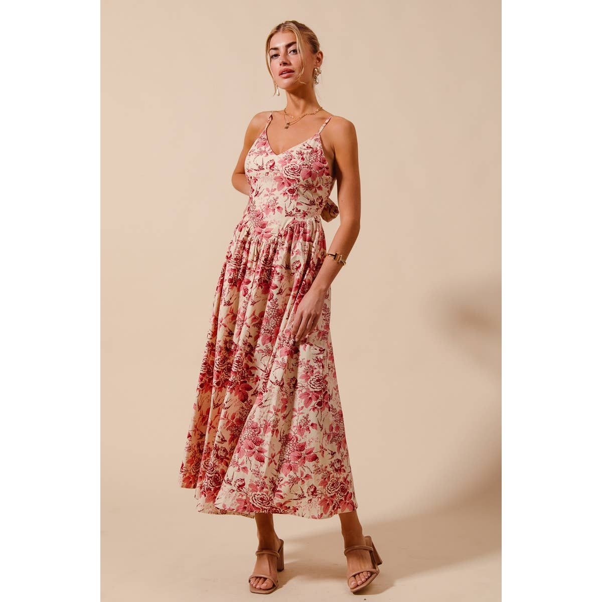Floral Woven V Neck Dress With Back Ribbon Tie