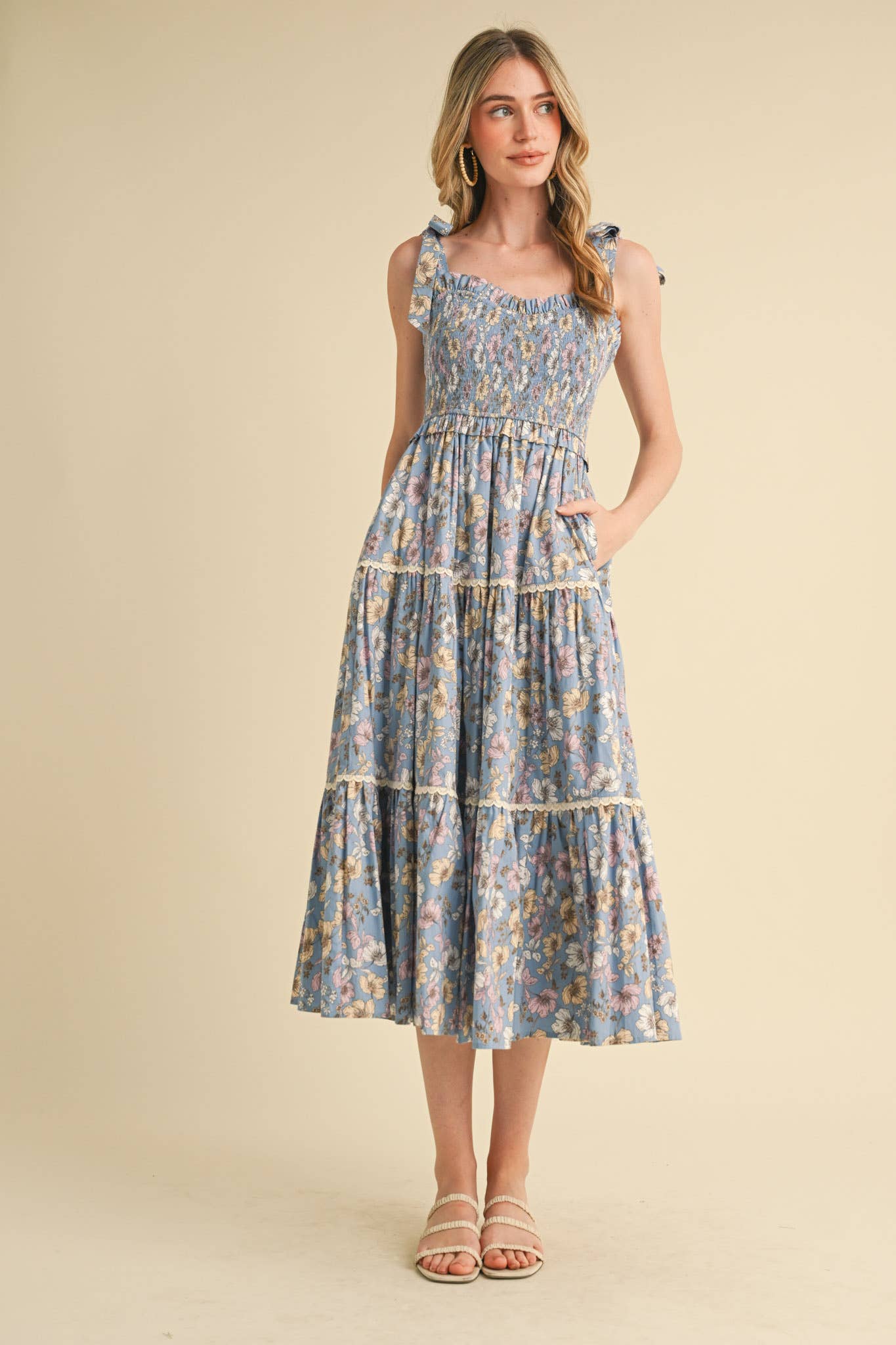 Floral Ruffled Lace Trim Midi Dress