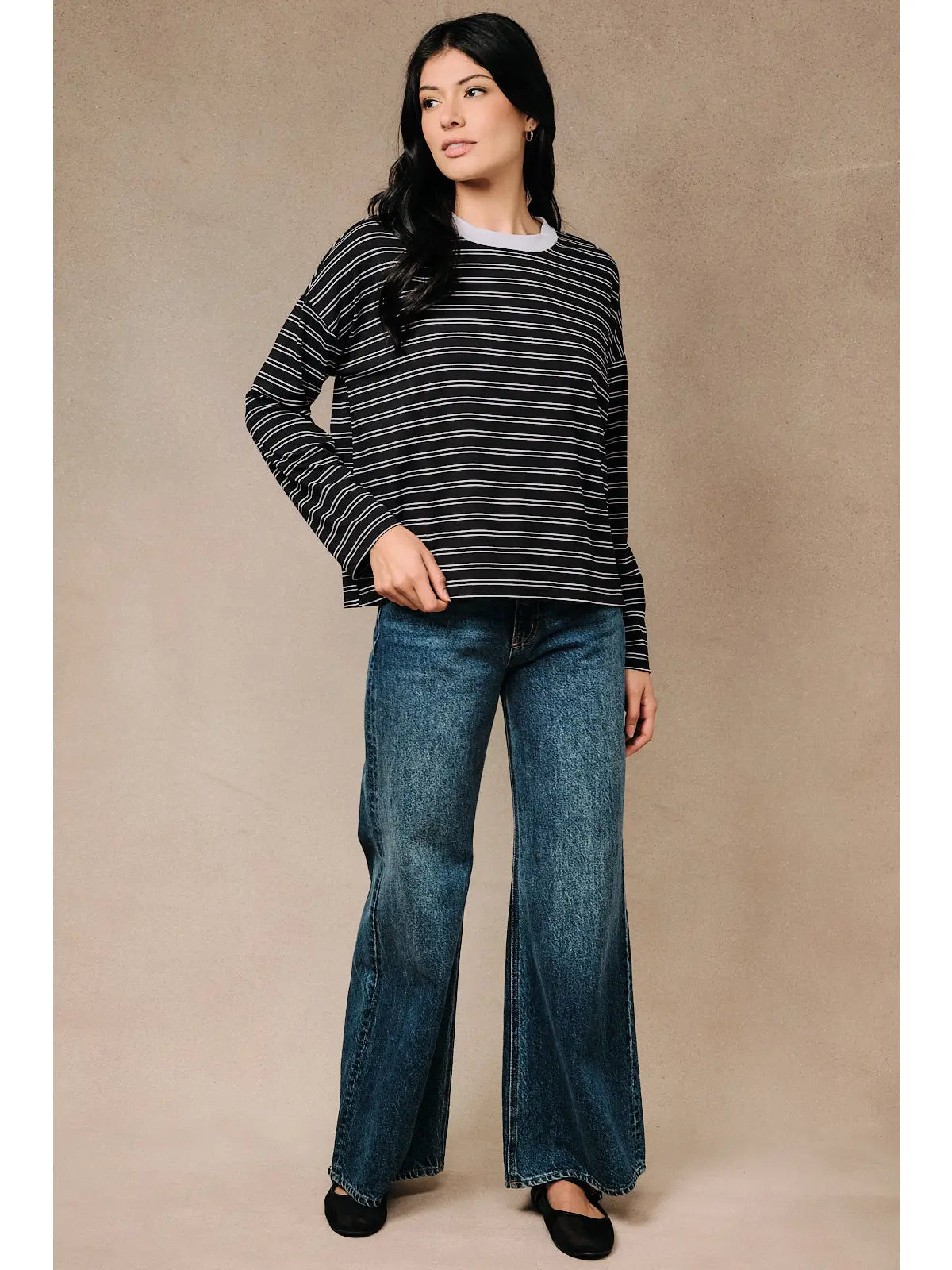 Striped Contrast Collar Drop Shoulder Oversized Top