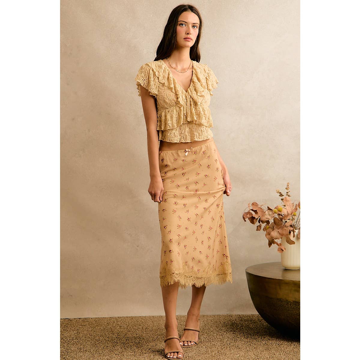 Satin Floral Print Lace Trim Midi Skirt